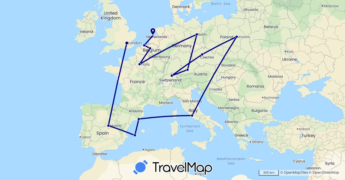 TravelMap itinerary: driving in Belgium, Switzerland, Czech Republic, Germany, Spain, France, United Kingdom, Italy, Netherlands, Poland (Europe)
